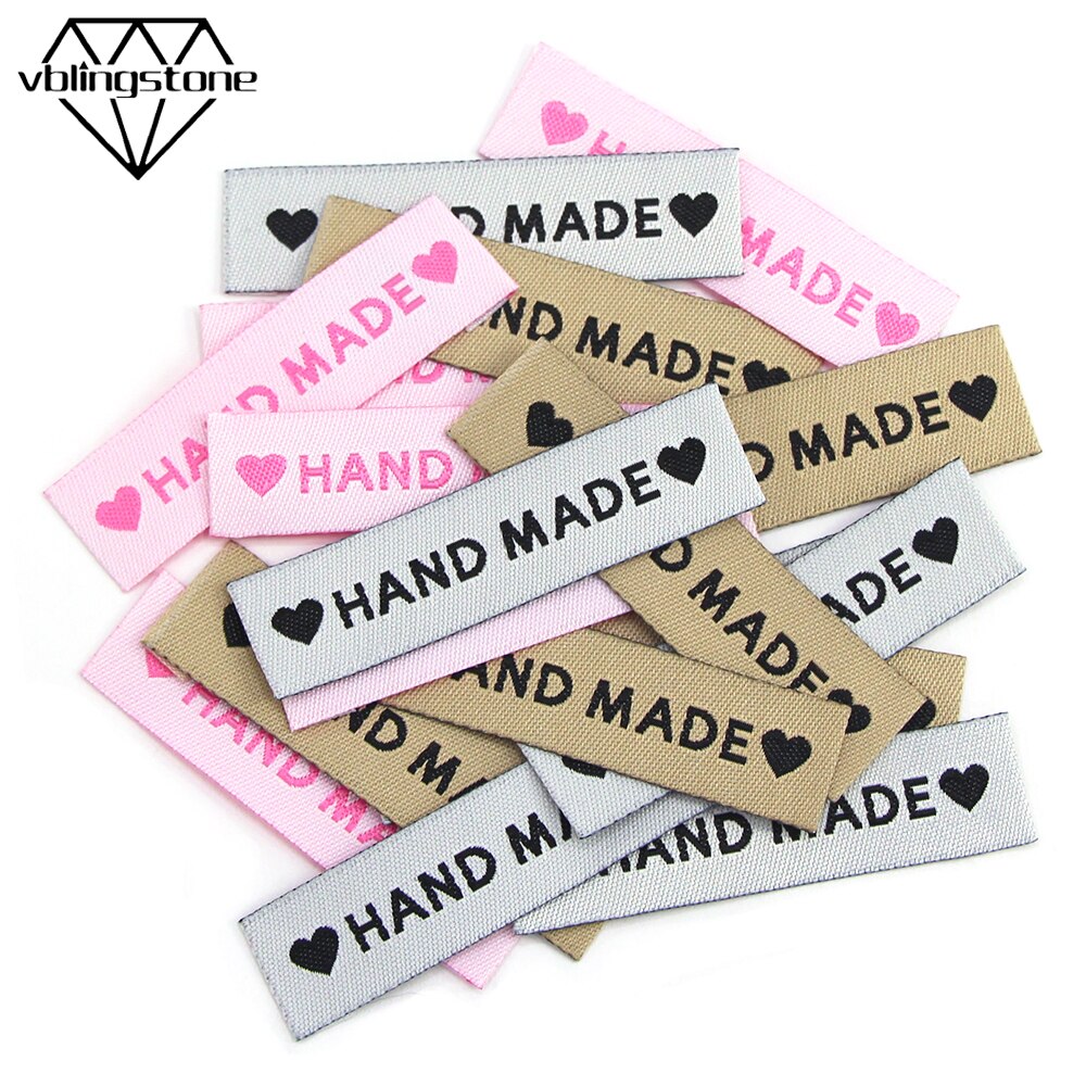 50Pcs Hand Made Etiketten Tags Voor Kleding Tags Heart Handgemaakte Label Naaien Tag Diy Hoed Kledingstuk Accessoires 60x15MM