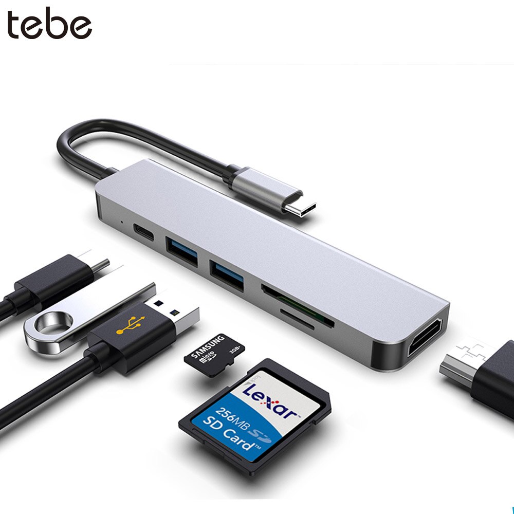 Tebe-concentrador de red USB tipo C a HDMI, accesorio compatible con PD, lector de tarjetas SD/TF, 6 en 1, estación de acoplamiento para MacBook Pro, Huawei Mate 30, USB3.0/2,0