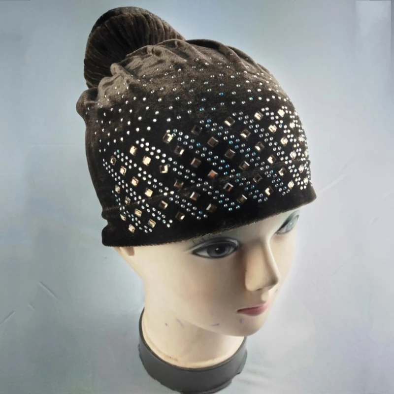 Gorro con diamantes de imitación a la para mujer, tocados de africanos, gorro de terciopelo para el cuidado del cabello, turbante, pañuelo para la cabeza, accesorios para sombrero: Caqui