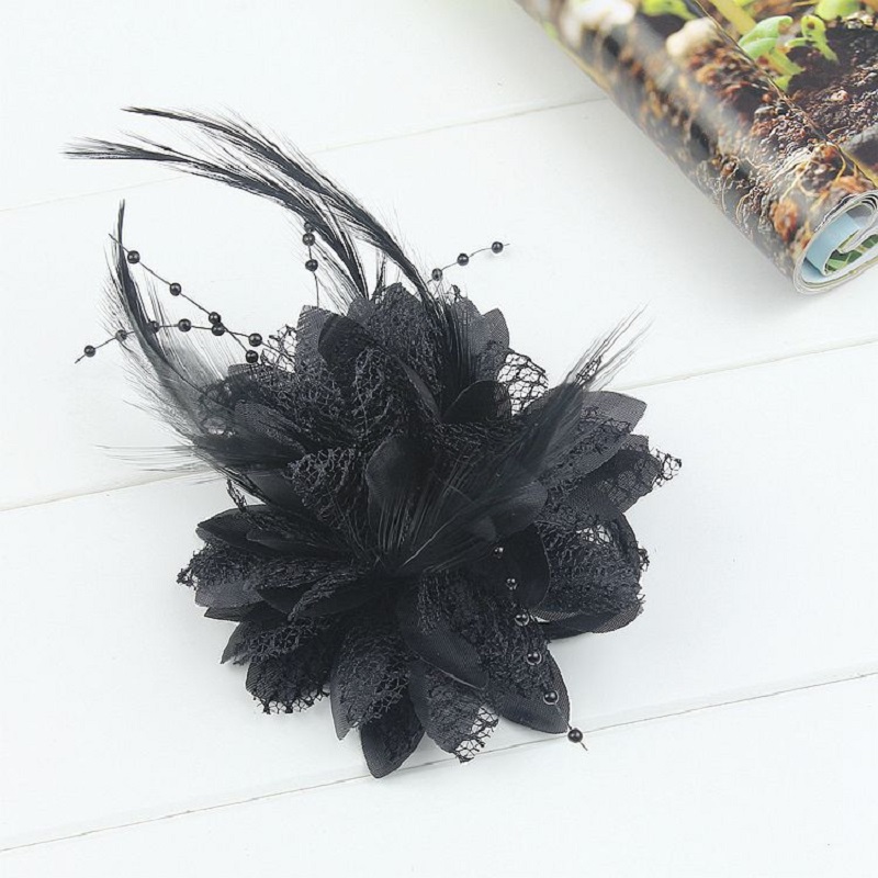 Bridal Feather Hair Clip Flower Ribbon Bead Corsage Hairpin For Women Wedding Hair Accessories Marrige Tiaras Dress Head Jewelry: black