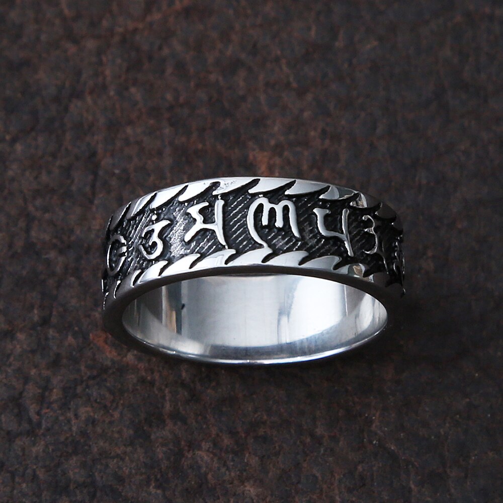 Retro Stainless Steel Six-Character Mantra Rings For Men Punk Feng Shui Amulet Lucky Ring Men Women Jewelry Party Best