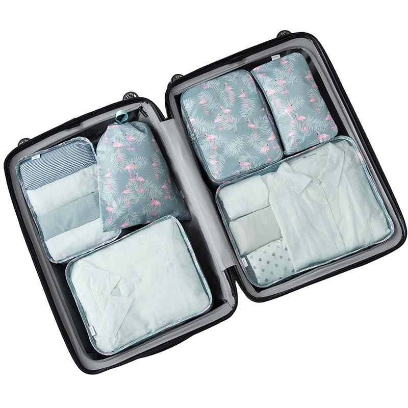6Pcs/Set Waterproof Travel Bag Suitcase Packing Set Storage Organizer Portable Luggage Organizer Case Clothes Shoe Tidy Pouch: Flamingo