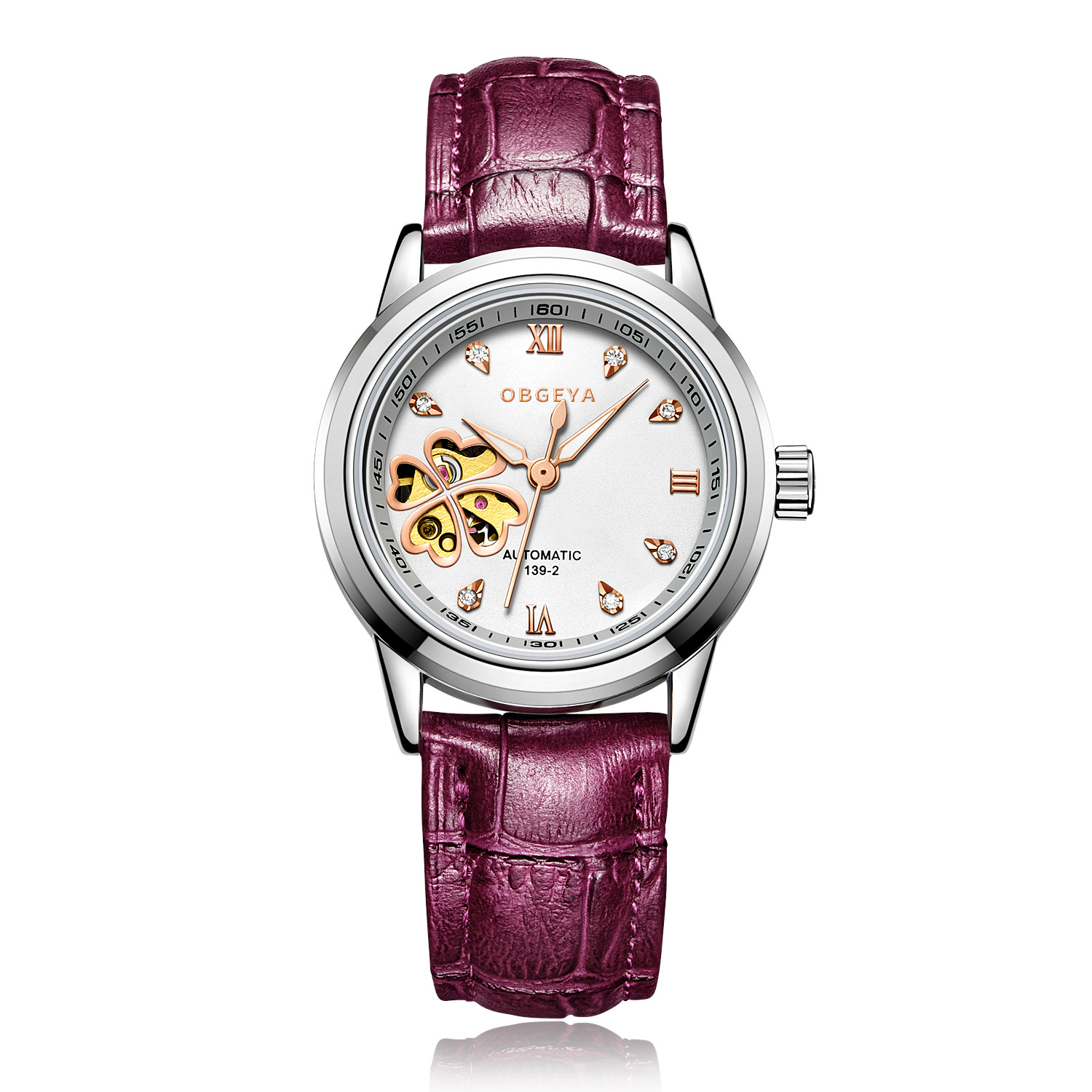 Vrouwen Automatische Mechanische Horloges Diamant Klavertje Vier Horloges Dames Rose Lederen Horloge Waterdicht Senhoras Assistir: Goud