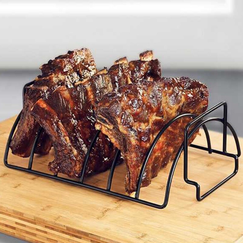 Grill Rib Rack for BBQ, Large Non-Stick Stainless Steel Rib Roast Rack Holder for Grilling to Hold 6 Rib Rack (Black)