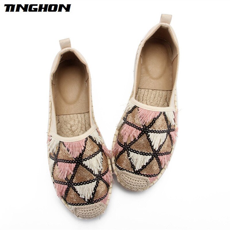 TINGHON Tassel Sequin Espadrilles Comfortable Slip-on Womens Casual Slippers Breathable Flax Hemp Canvas Girls Shoes: Beige / 8