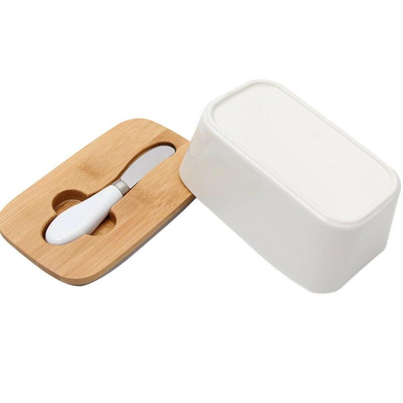 Butter Box Nordic Ceramic Container Storage Tray Dish Cheese Food Tool Kitchen Keeper Wood Cover Sealing Plate+ Knife Sealed Can