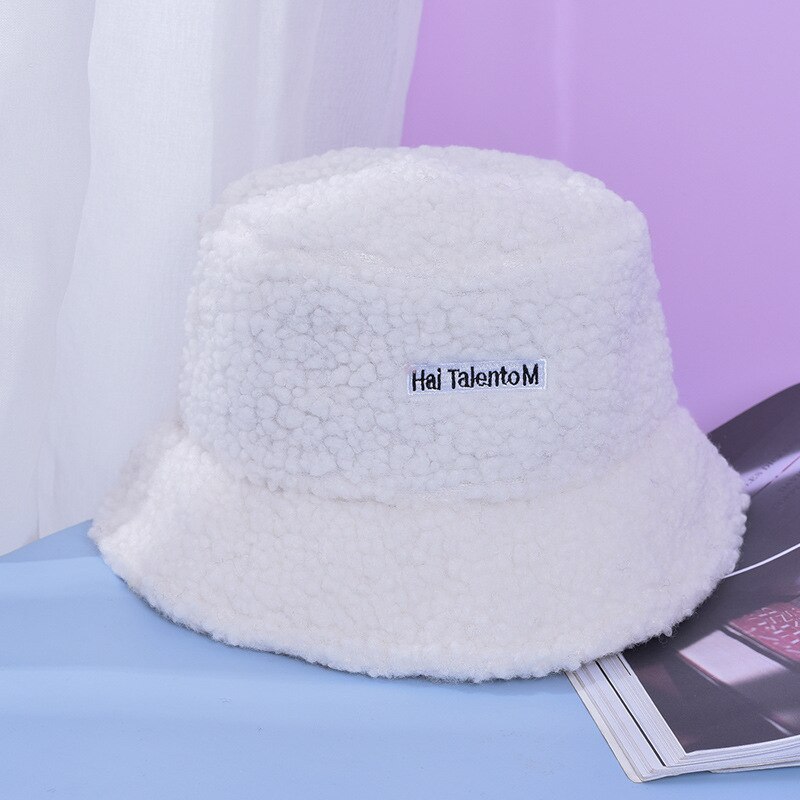 Lamb Wool Faux Female Hat Fur Warm Female Hat Faux Fur Winter Women&#39;s Bucket Hat Fisherman Outdoor Sun Hat Panama Lady Hat Cap: White
