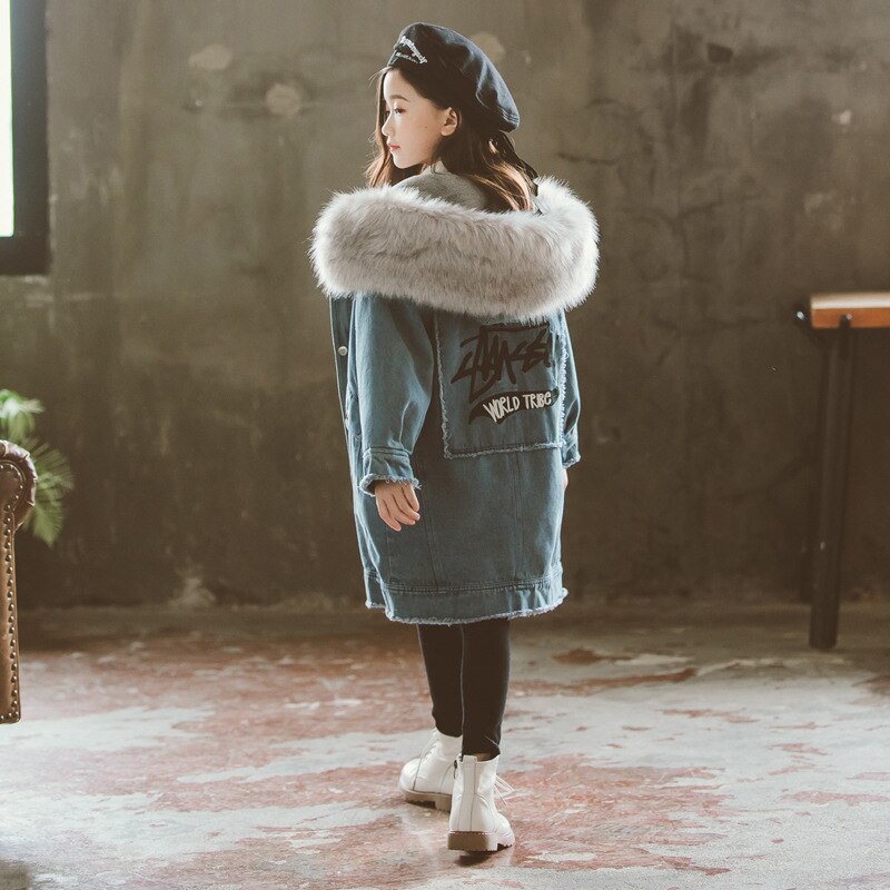 Giacca di jeans Delle Ragazze di Inverno Dei Vestiti 2020 Nuovi Bambini Vestiti Della Ragazza Più Velluto di Cotone di Spessore Cappotto Lungo Imbottiture di Pelliccia con Cappuccio outwear