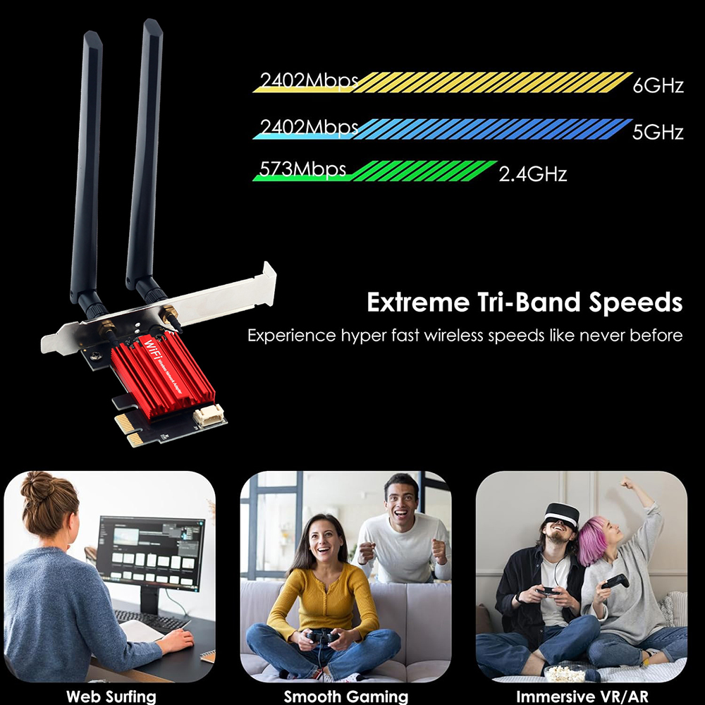 Pcie  ax210 network adapter  bt5.3 wifi 6e 5400 mbps 802.11ax wireless ethernet wifi card tri-band 2,4g/5g/6 ghz for windows 10 11