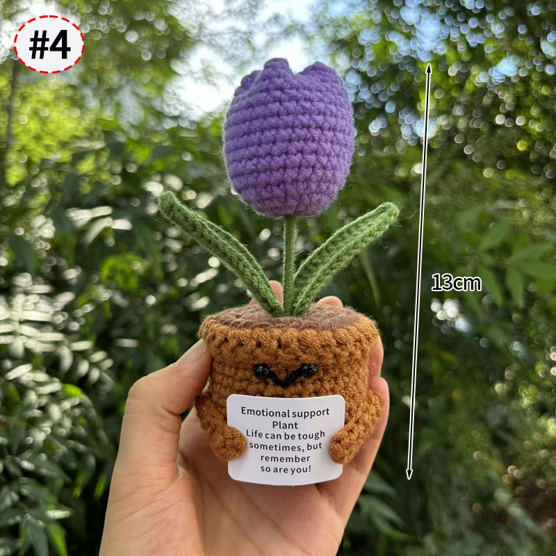 Flor de ganchillo hecha a mano, adorno de lana tejido en maceta de girasol, decoración divertida para aliviar el estrés con tarjeta positiva: Caqui oscuro