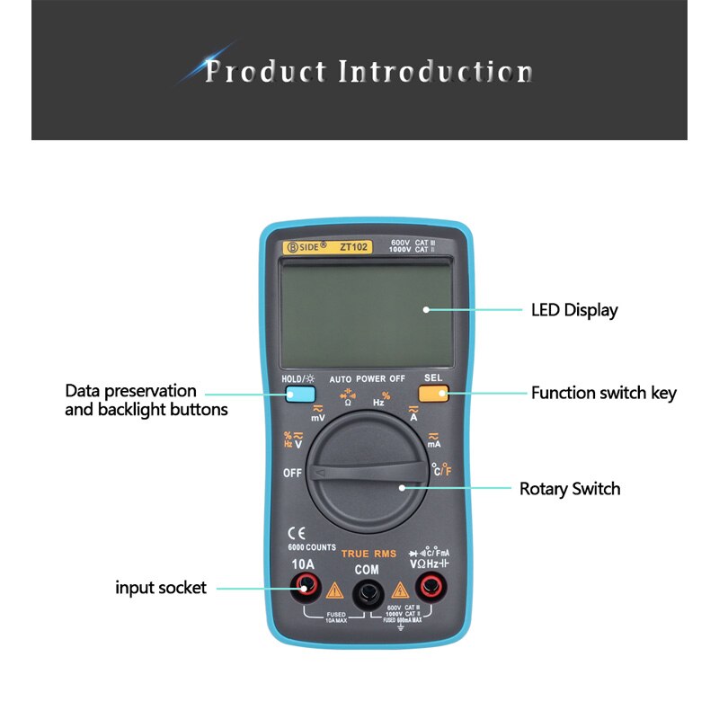 ZT100 ZT102 Ture RMS Digital Multimeter AC/DC Voltage Current Temperature Ohm Frequency Diode Resistance Capacitance Tester