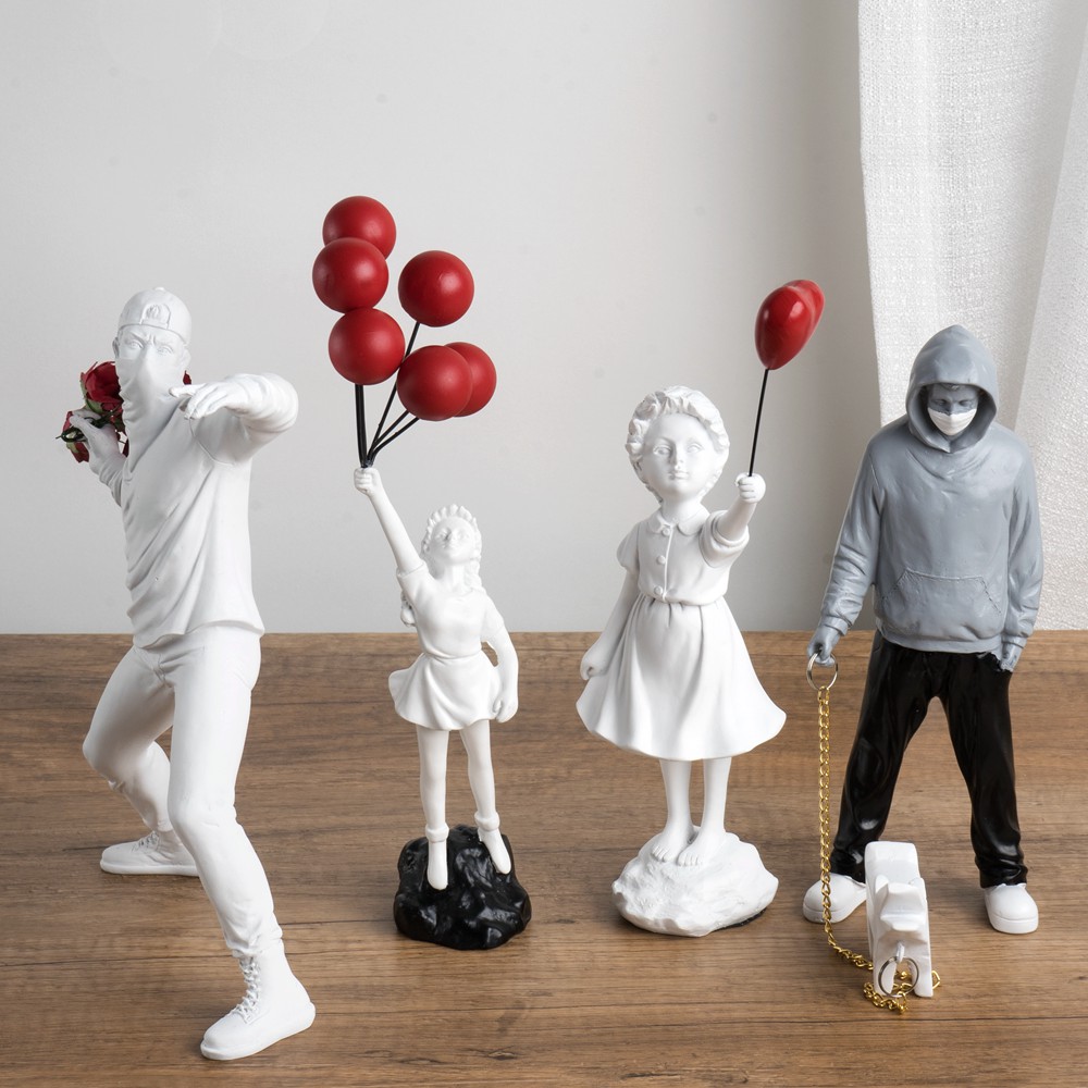 Colección de escultura de Vilead Banksy, estatua lanzadora de flores, arte Pop, globo moderno, estatuilla de niña, decoración del hogar para oficina y calle