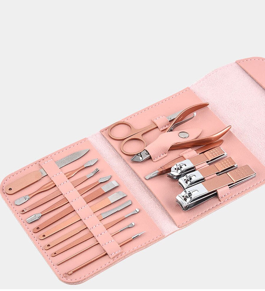 Rose Pink Sharp Nail cutter Pedicure Scissors Set Stainless Steel Eagle Hook Portable Manicure Nail Clippaer Tool Set: Pink 16pcs