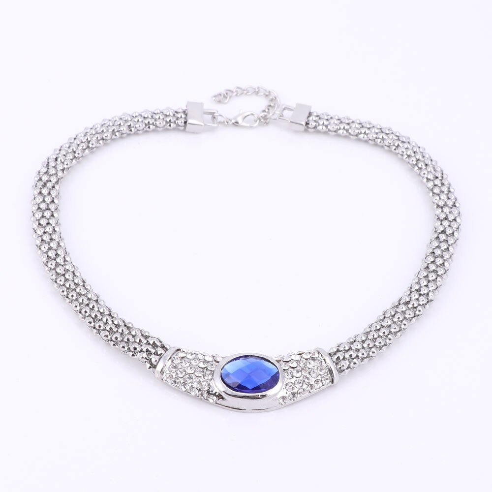 Modische Schmuck-setzt Für Frauen Blau Oval Anhänger Kristall Halskette Ohrringe Armbinde Ring Silber Überzogene Hochzeit Schmuck setzt