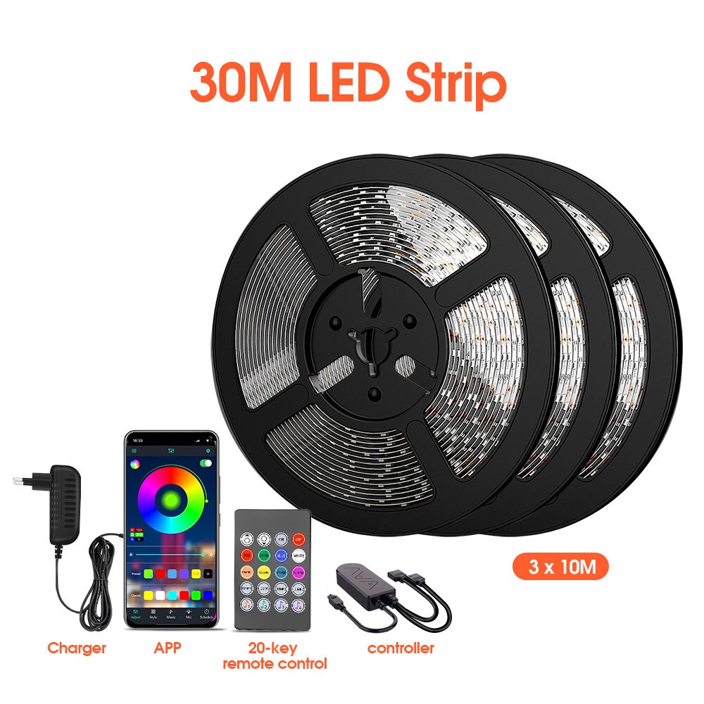 ledet stripelys, rgb 5050 lys, musikksynkronisering fargeendring, innebygd mikrofon, appstyrt ledet lys taulys rominnredning neon: 30m ledet / 18 lysdioder