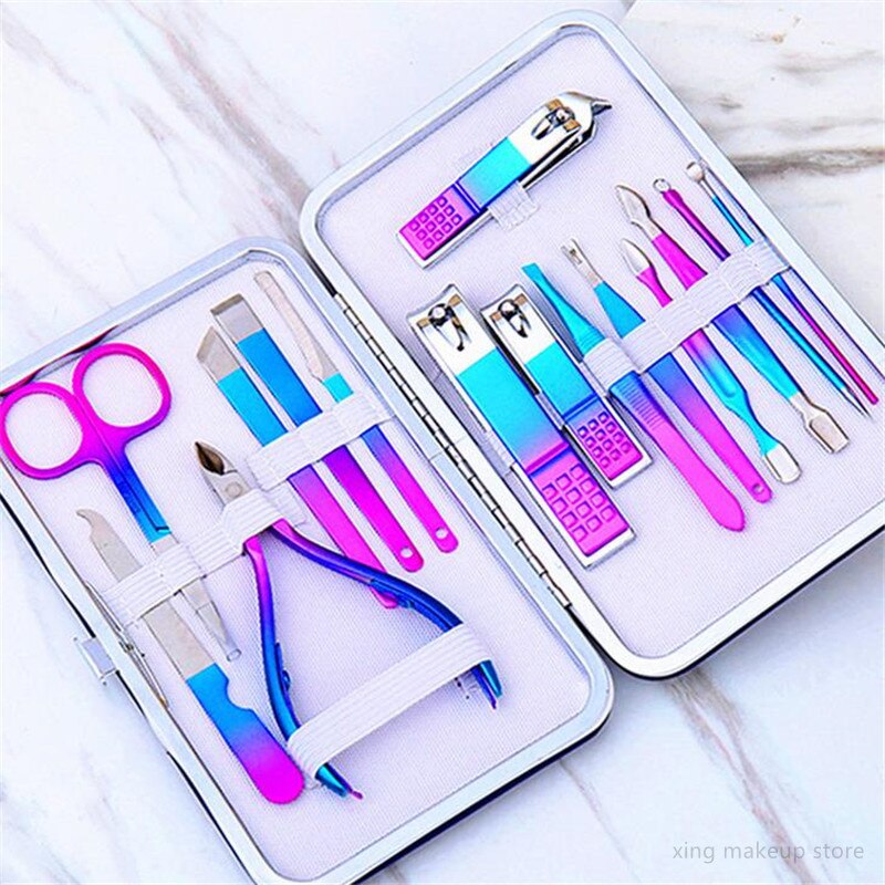 1 Set Rainbow Grandient Manicure Nail Kits Stainless Steel Nail Clippers Set Acne Needle Toenail Grooming Sets 30#: 15pcs