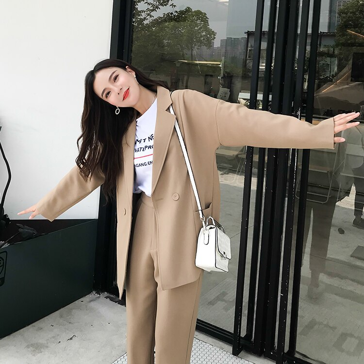 Comelsexy Autumn Winter Khaki Women Pant Suits Double Breasted Pocket Notched Blazer & Pant Office Wear Suit Female Set