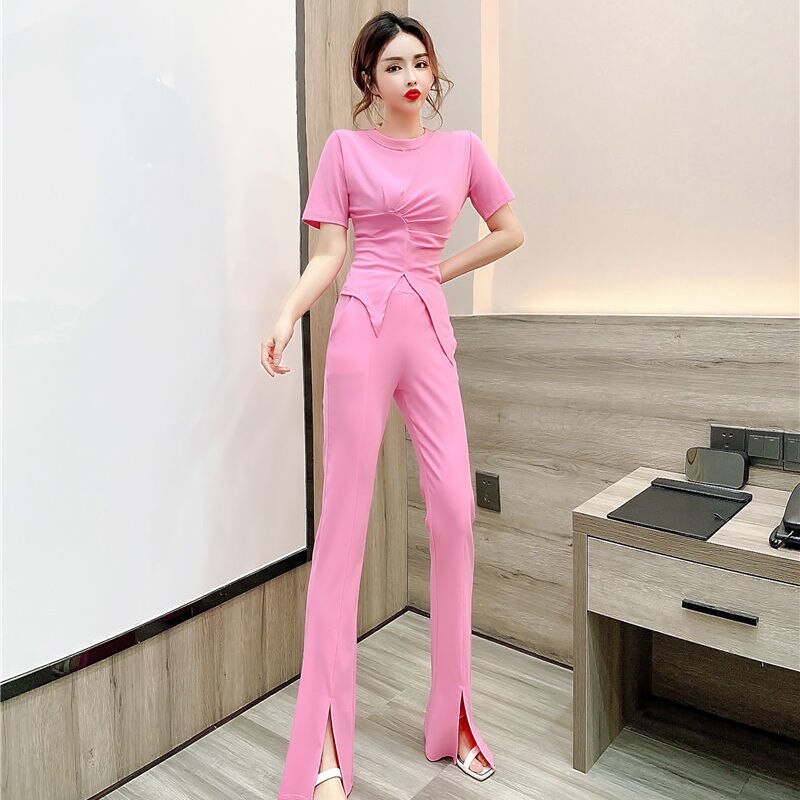 Women Summer Two-piece Suits Female O-neck Irregular Tops Ladies High Waist Split Slim Trousers Sets I86