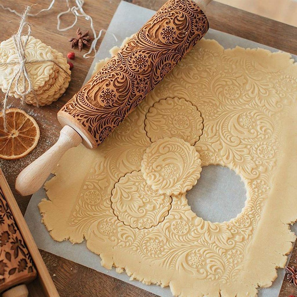 35*5cm Weihnachten Schneeflocke Reben Präge rollen Stift DIY Backen Cookie Nudel Keks Fondant Kuchen Teig Holz Gravierte Rolle