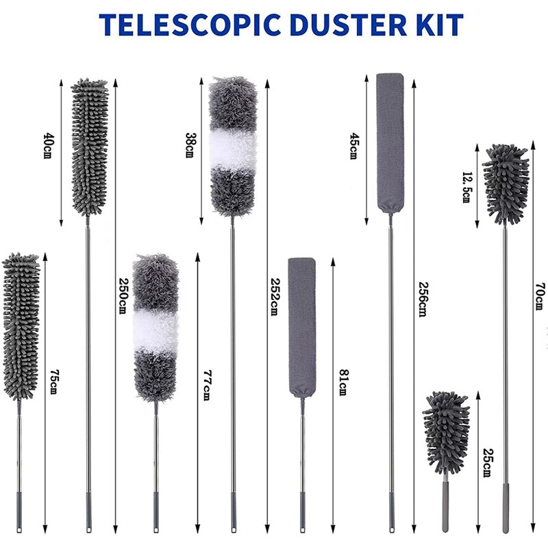 Kit de plumero de pluma extensible, plumero de limpieza con poste de extensión, plumero de mano de microfibra para limpiar el polvo