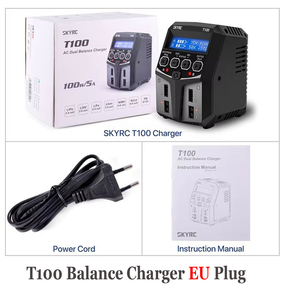 Caricabatterie bilanciato batteria SKYRC T100 AC Lipo Caricatore doppio 5A 2X50W 2-4S per batteria NiMH / NiCd / LiPo / vita / Lilon / LiHV / Pb: bianca