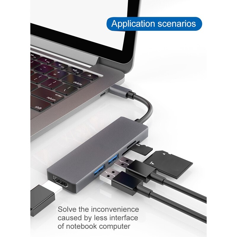 Usb c hub adaptador hdmi para pro 2019/2018/2017 5 em 1 dongle USB-C para hdmi, leitor de cartão sd/tf e 2 portas usb 3.0
