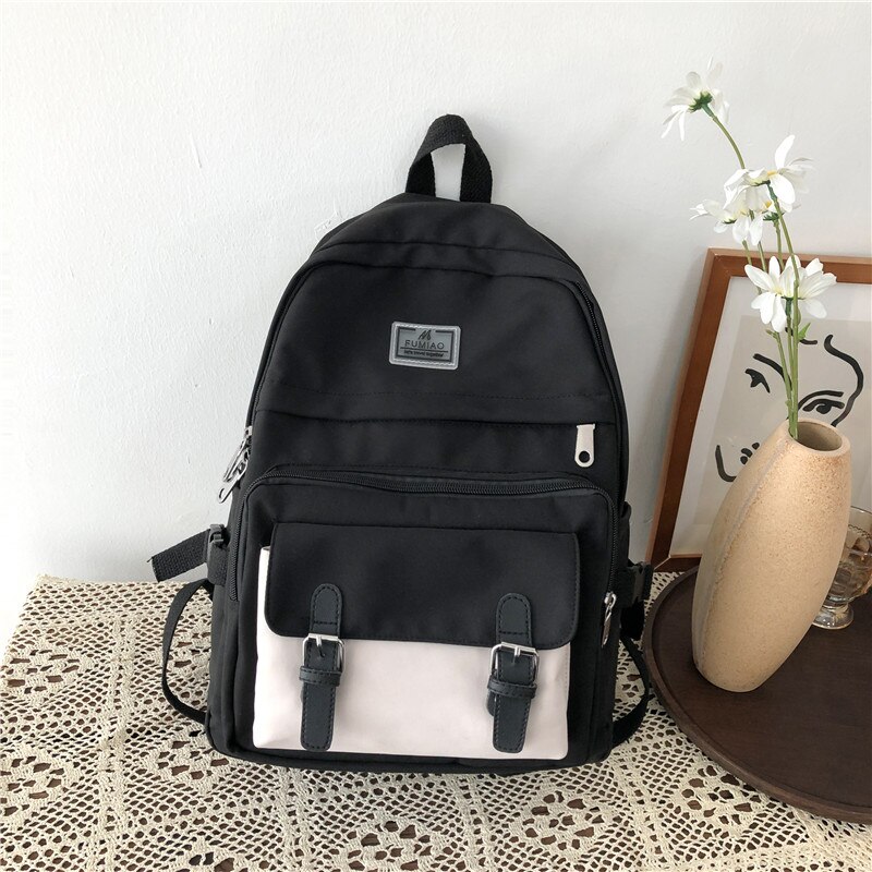 DCIMOR-Mochila de nailon impermeable para mujer, bolso de viaje con hebilla para cinturón, Mochila escolar con bolsillo, Kawaii, para adolescentes: black / with alpaca