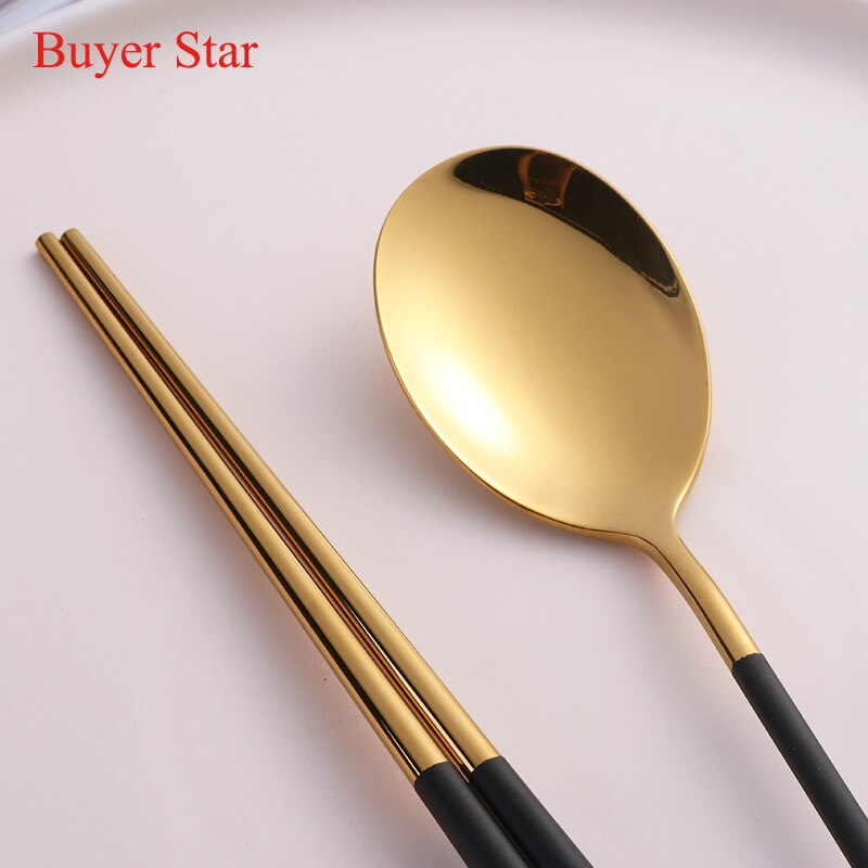 2pcs/lot Gold Chopsticks Spoon 304 Stainless Steel Korean Reusable Black White Hashi Sushi Sticks Kitchen Accessories