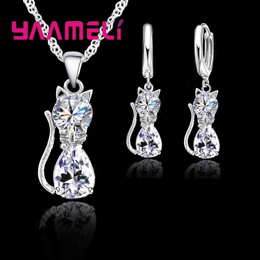 Genuine 925 Sterling Silver Jewelry Set Clear CZ Cubic Zircon Cat Necklace Earrings Pendant For Women