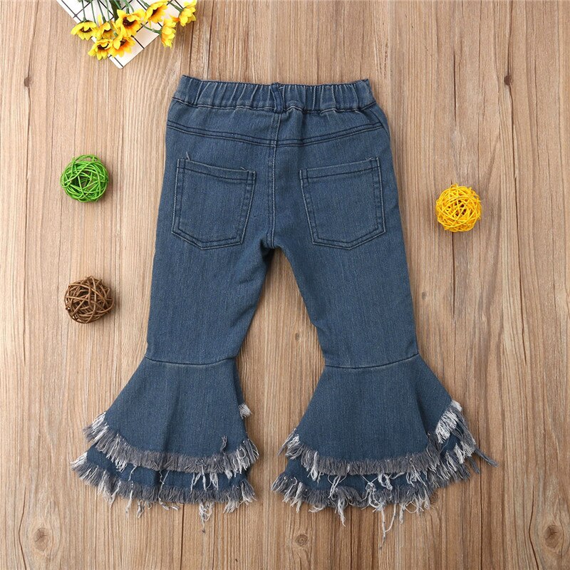Newborn Toddler Kids Baby Girl Tassel Long Jeans Denim Ruffle Flared Pant Bell-bottom Trouser Girls Clothes 2-7Years