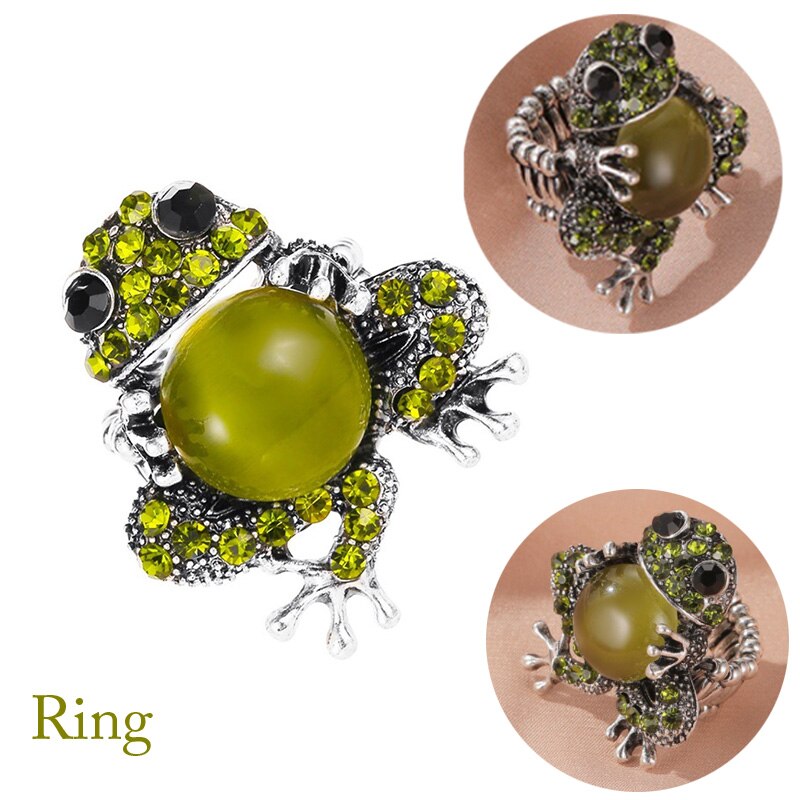 Novo bonito opala cristal strass sapo balançar brincos anel elástico pingente colar animal broche conjunto de jóias do vintage: ring