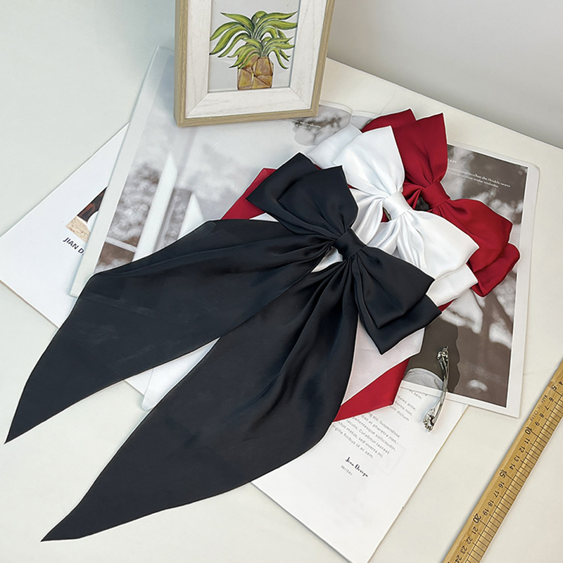 Grampo de cabelo grande laço para mulheres, monocromático cetim rabo de cavalo hairpin, streamer vermelho elegante, acessórios simples para meninas, moda