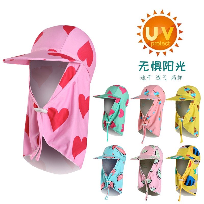 kids swimming caps outdoor sun sand UV rays block big brim sunhat ear neck cover print swim cap kids bathing cap for boys girls