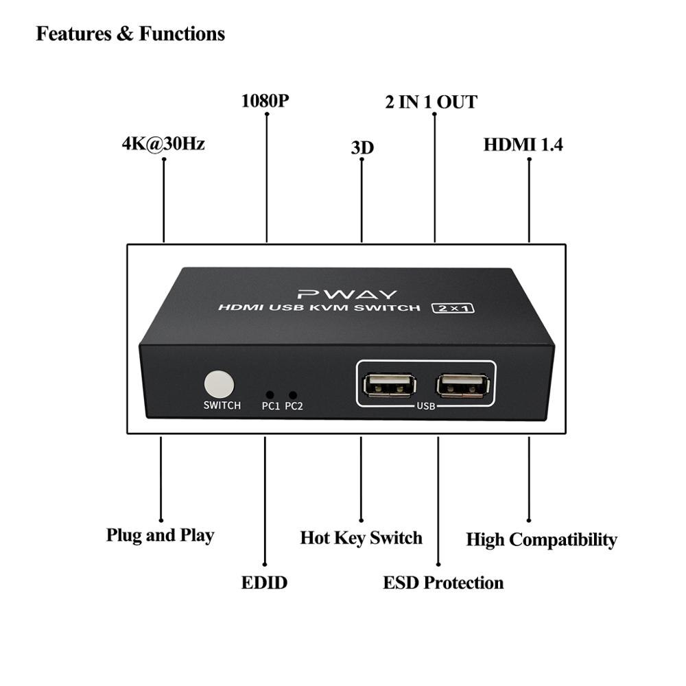 PWAY-interruptor USB KVM 4k HD 2,0 para Xiaomi Mi Box, teclado, ratón, impresora, Monitor, 2 uds., para compartir 3 dispositivos