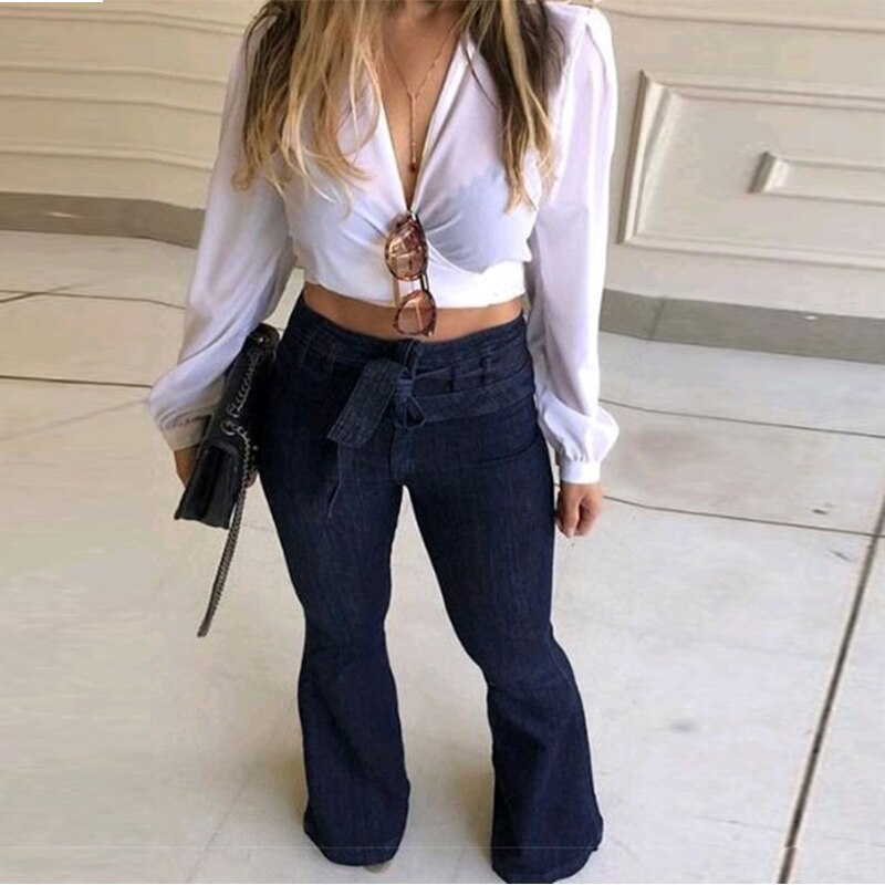 Jean à lacets pour femme, pantalon en denim , taille haute, coupe pleine longueur, automne