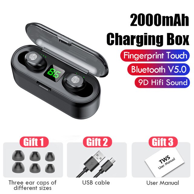 TWS Wireless Headphones 9D HiFI Stereo Bluetooth V5.0 Earphones LED Display 2000mAh Charging Box Waterproof Headphone With Mic: B