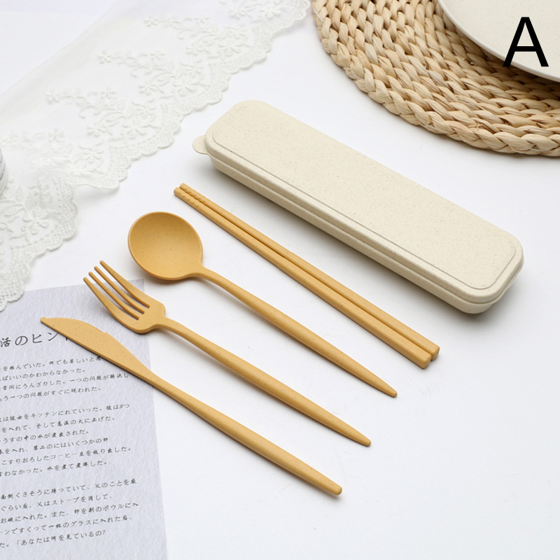 Wheat Straw Cutlery Set Cutlery Fork Spoon And Chopsticks Portable Cutlery Set Solid Color Storage Cutlery Set: A