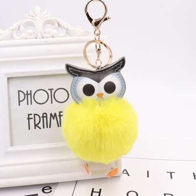 Sød pompon ugle nøglering pom nøglering kanin pels bold pompon fluffy læder nøglering plys nøgleringe: Rød