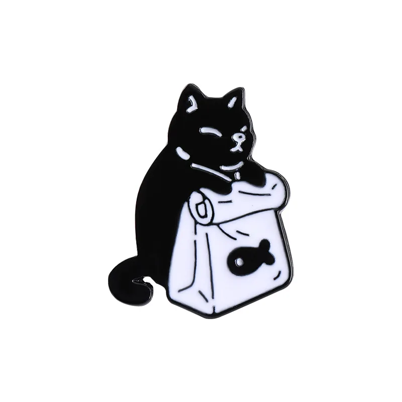 Leuke Zwart Witte Katten Emaille Pins Vis Broches Cartoon Dier Badges Denim Revers Metalen Pin voor Kinderen Vrouwen Tassen Rugzak Kleding: Antiek Messing