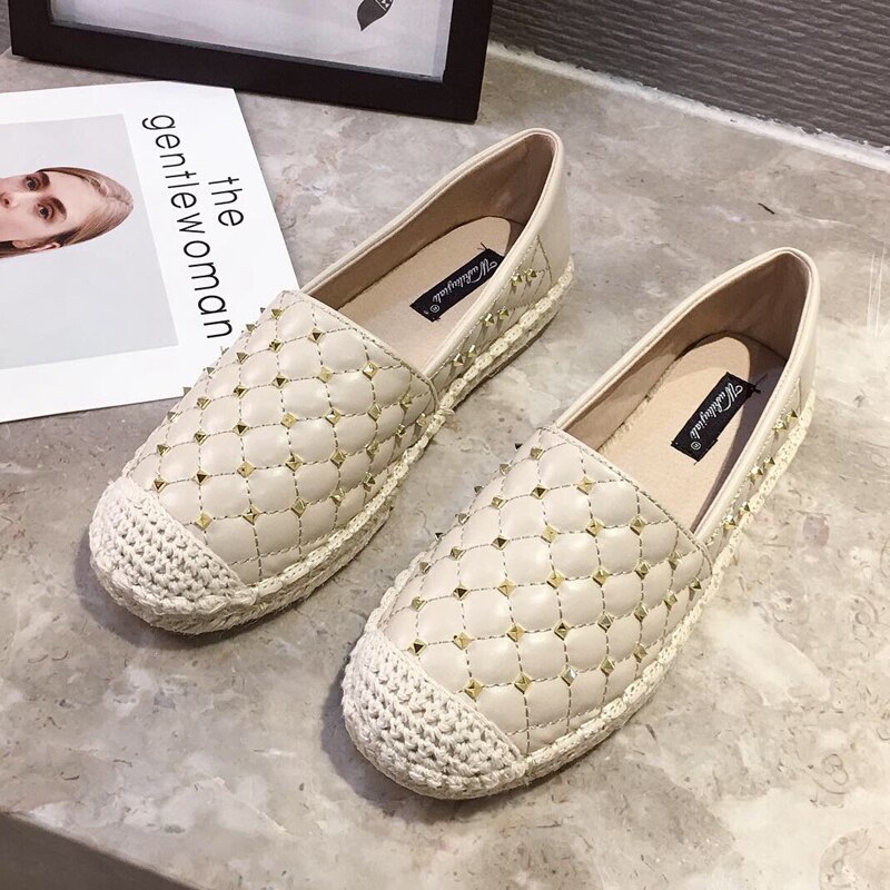 Rivet Stud Loafers Women Flats Hemp Shoes Round Toe Espadrilles Female Slip On Casual Shoe Woman Spring Autumn Moccasin: Beige / 38