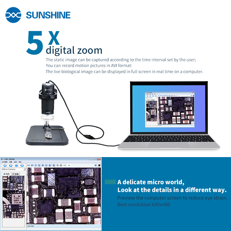 SUNSHINE-lupa Digital DM-1000S, aumento de 1000X con luz LED ajustable, herramienta de reparación de teléfonos móviles con USB