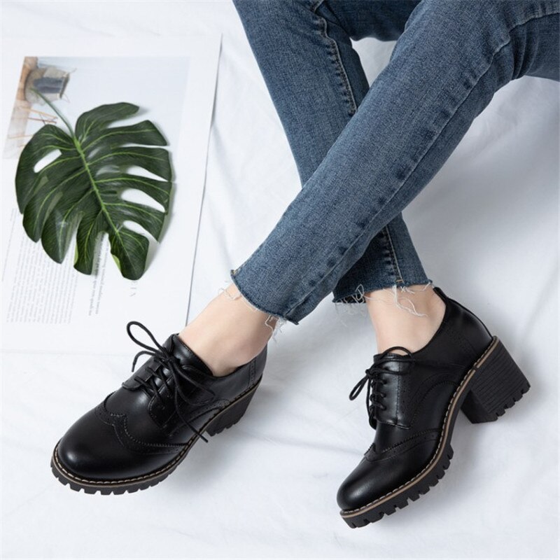 PXELENA britannique Vintage femmes richelieu chaussures gros bloc talons hauts pompes à lacets bureau dame quotidien Oxfords Wingtip Fretwork 43
