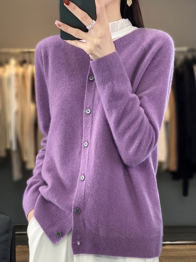 mujer 100% cárdigans de lana merina suéter de cachemira Otoño Invierno cuello redondo prendas de punto de manga larga ropa básica femenina Tops