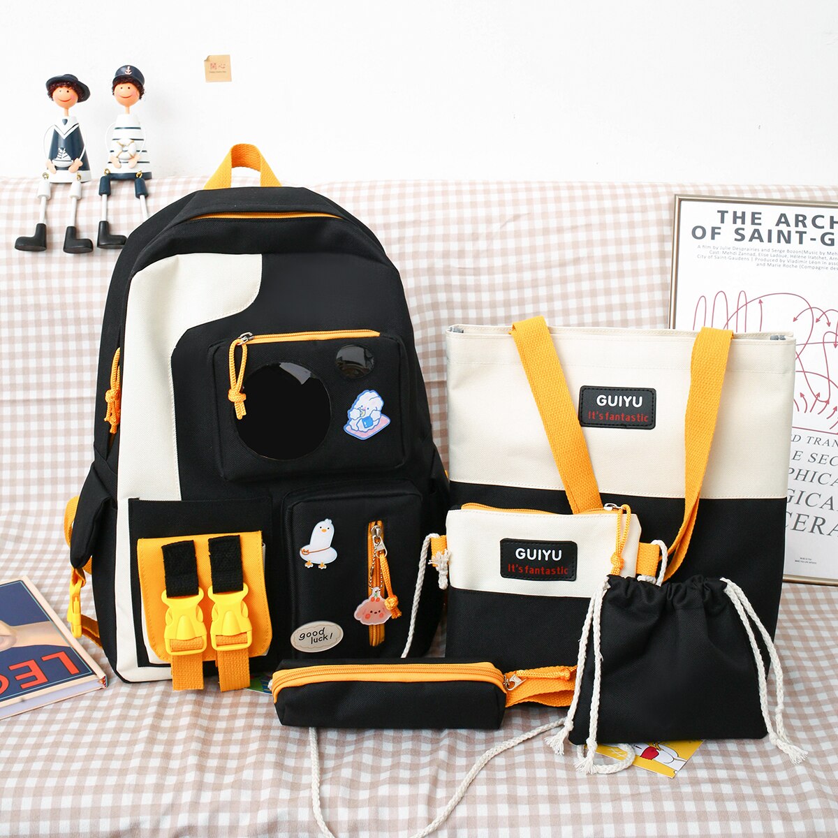 Wasser nachweisen Rucksack Für jugendlich Mädchen 2022 Nette Schule Tasche Für Frauen 5 Pes einstellen Schüler Rucksack Große Mehrere Taschen Tornister: Schwarz