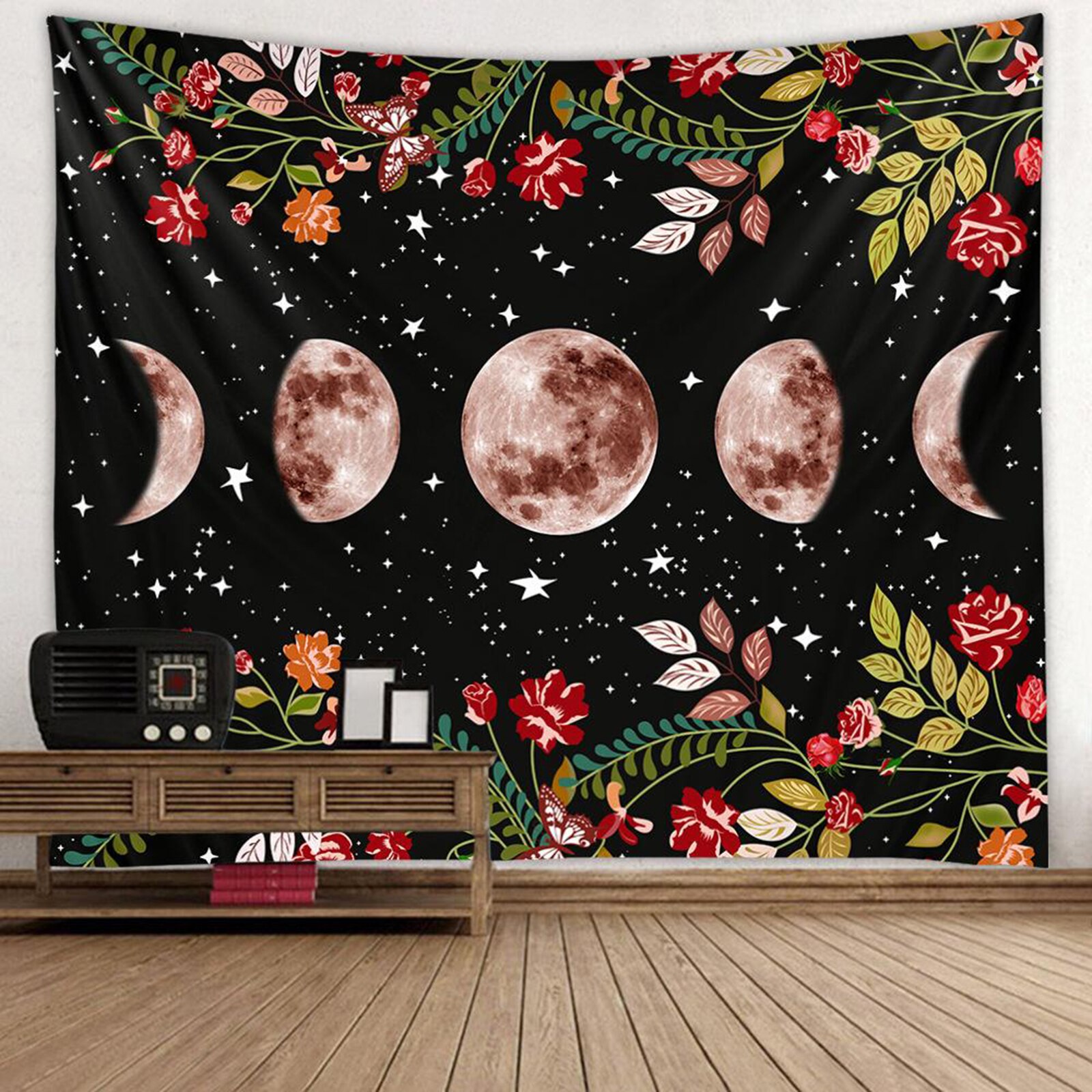 Garden Tapestry Moon Phase Surrounded by Vines and Flowers Black Wall Decor Tapestry