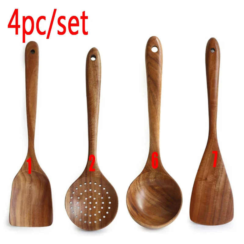 7 Stks/set Teak Natuurlijke Houten Servies Lepel Pollepel Turner Rijst Vergiet Soep Skimmer Koken Lepel Scoop Keuken Herbruikbare Tool Kit: Licht Groen