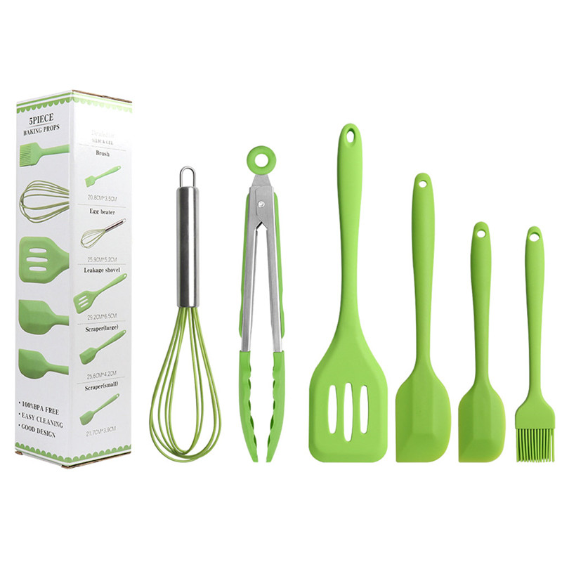 Juego de utensilios de cocina de silicona, 6 pinzas, espátula grande, espátula, batidor de huevos, pala de fugas, utensilios de cocina