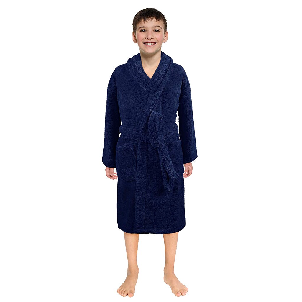 Albornoz de franela Lisa para niños y niñas pequeños, ropa de dormir con bata de noche, de manga, para el hogar y la sala de estar: Azul / 12