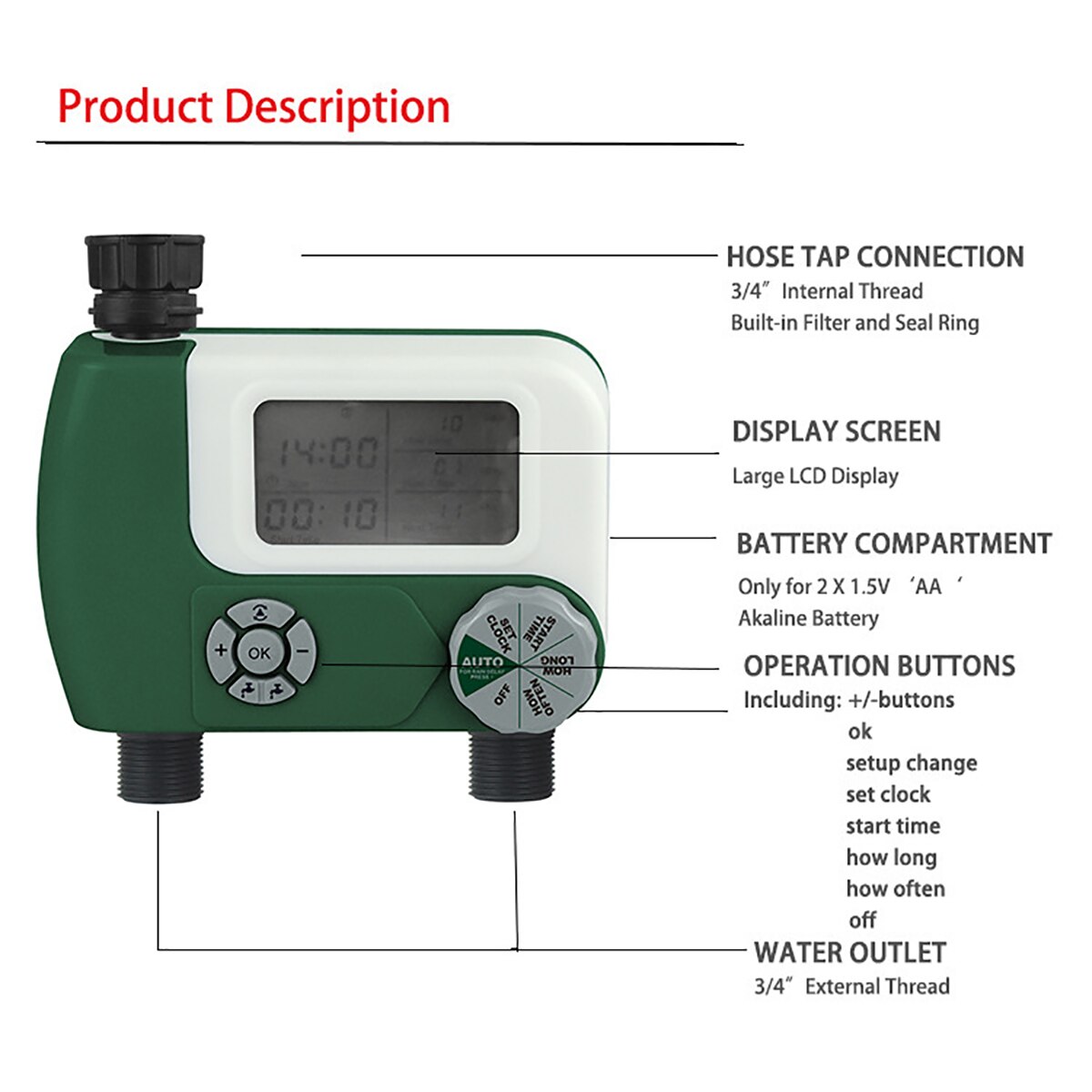 Water Timer Garden Automatic Watering Irrigation System Controller Dual Hose Connector Water Timer Large Digital Display