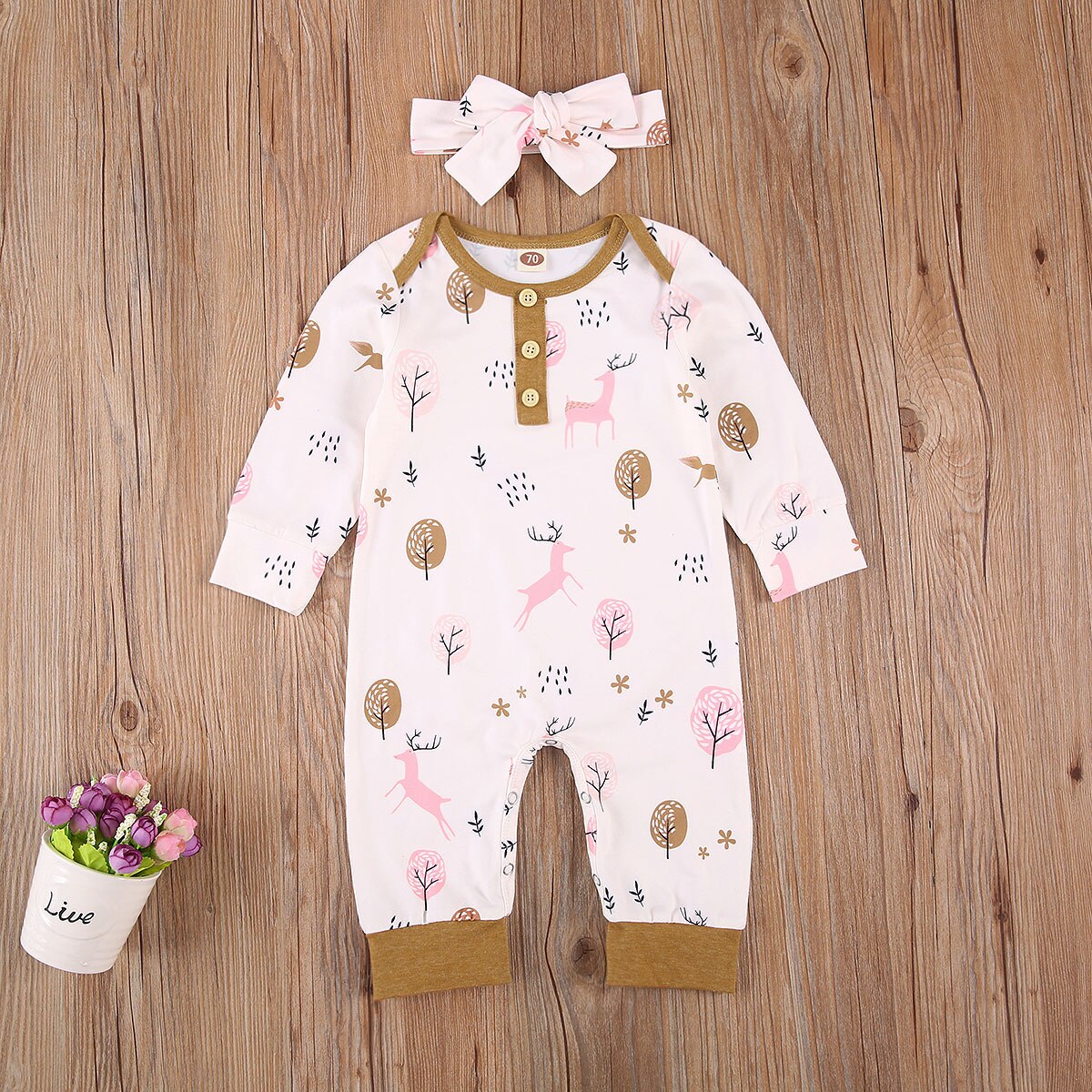 0-24M Newborn Baby Girls Boys Cotton Cartoon Long Sleeve Loose Jumpsuit Button Decoration Cute Bow Headband